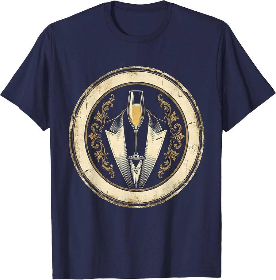 Champagne Glass on Tuxedo Lapel Graphic T-Shirt - Navy Blue