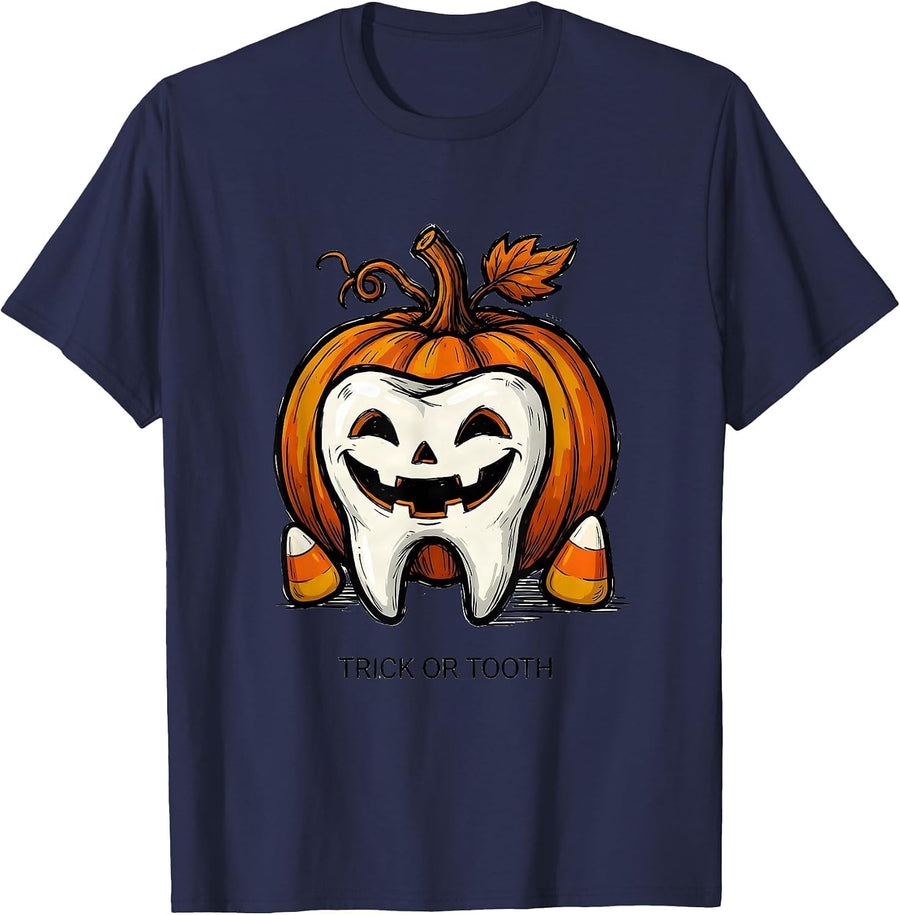 Trick or Tooth Funny Dental Hygienist Halloween Novelty T-Shirt - Navy Blue