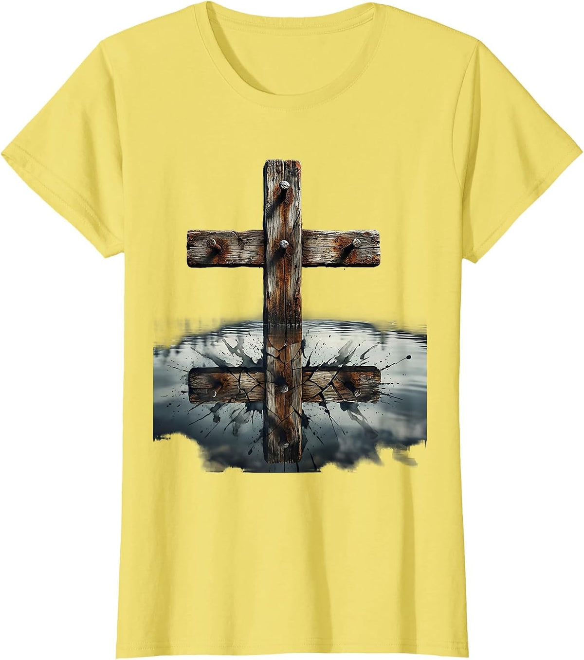 Three Nails Cross Reflection Christian Design T-Shirt - Lemon Yellow