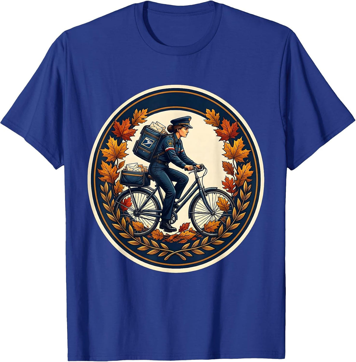 Mail Carrier Biking Through Autumn Leaves Labor Day T-Shirt - Royal Blue
