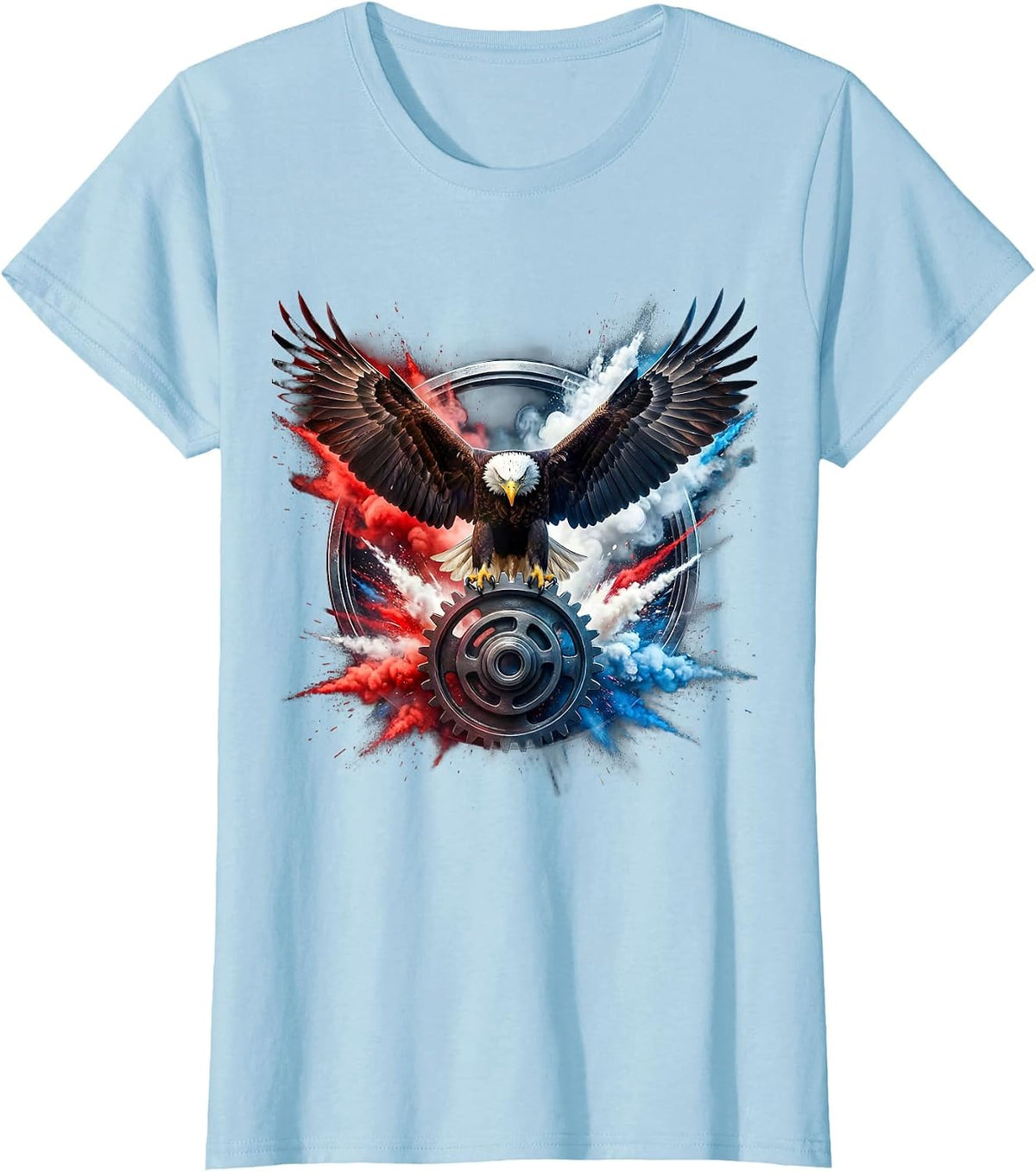 Bald Eagle Clutching Gear Cog Patriotic Design T-Shirt - Baby Blue