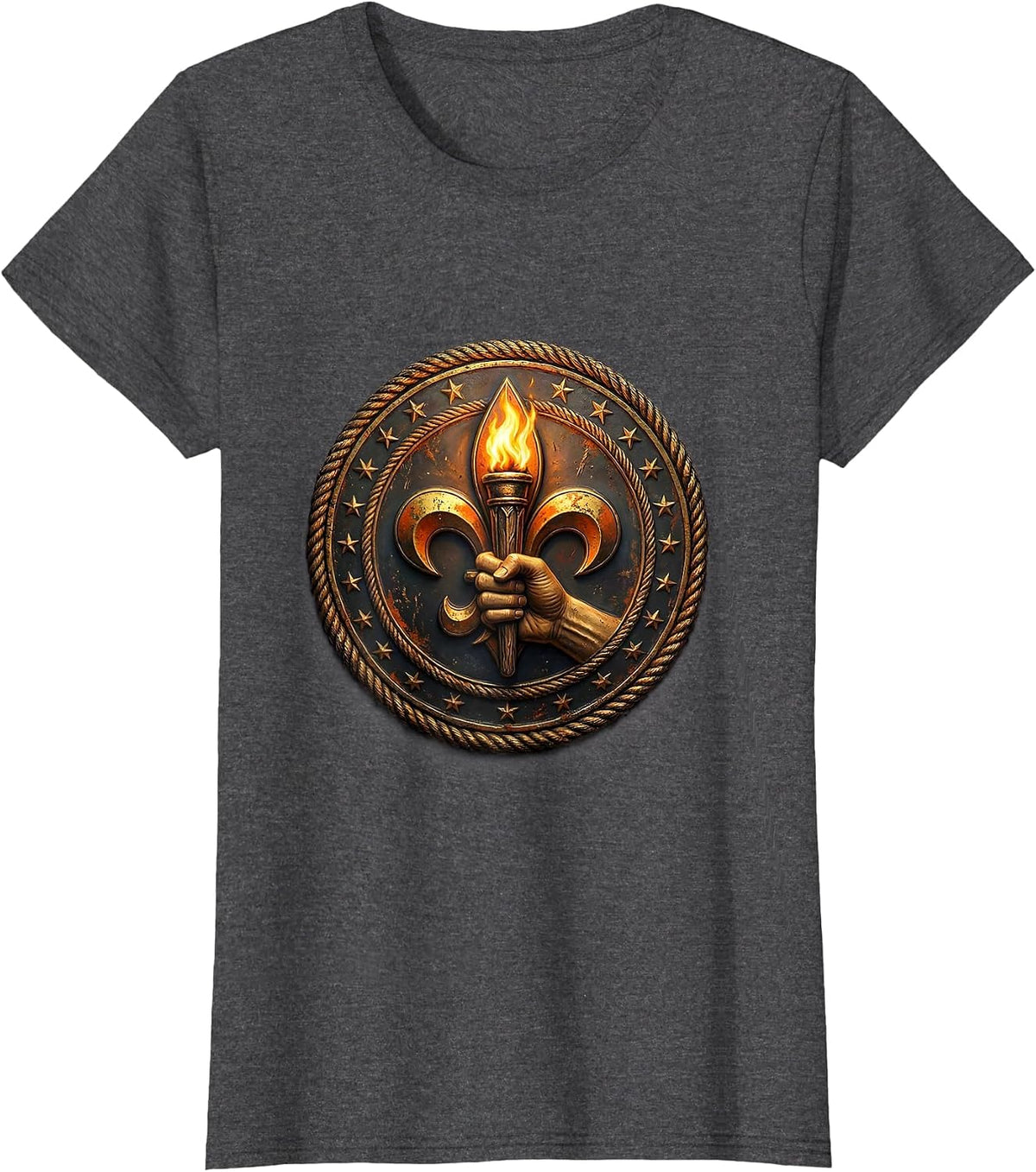 Women's Mardi Gras Fleur-de-Lis Flaming Torch Design T-Shirt - Dark Heather Grey