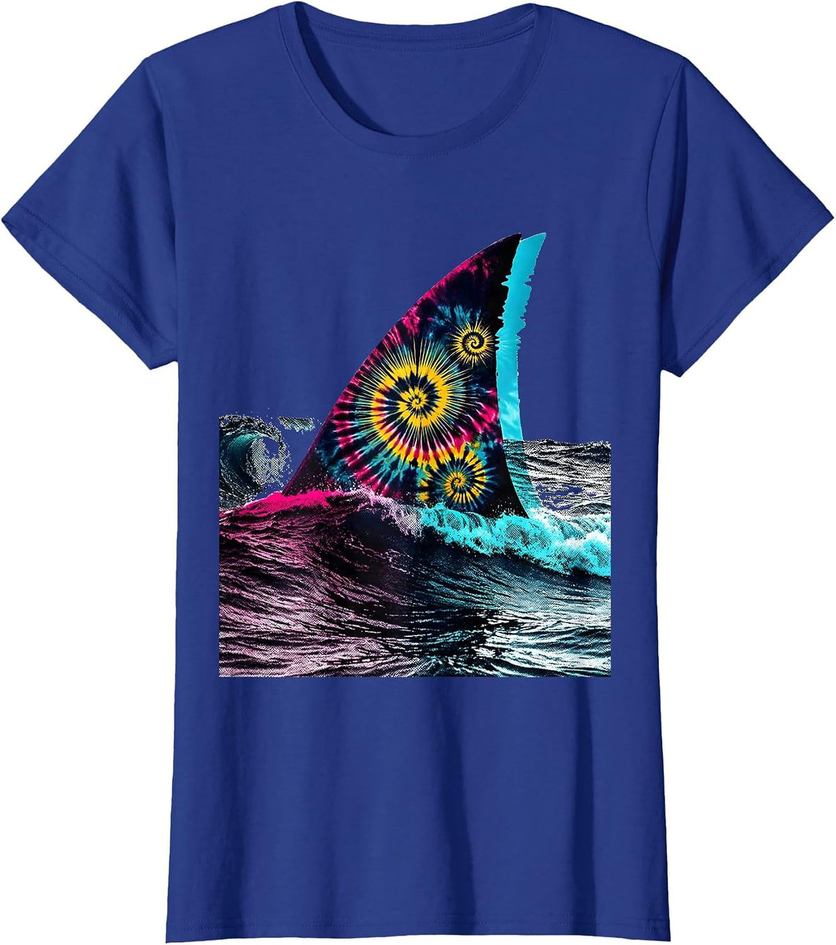 Women's Tie Dye Shark Fin Cutting Through Waves T-Shirt - Royal Blue