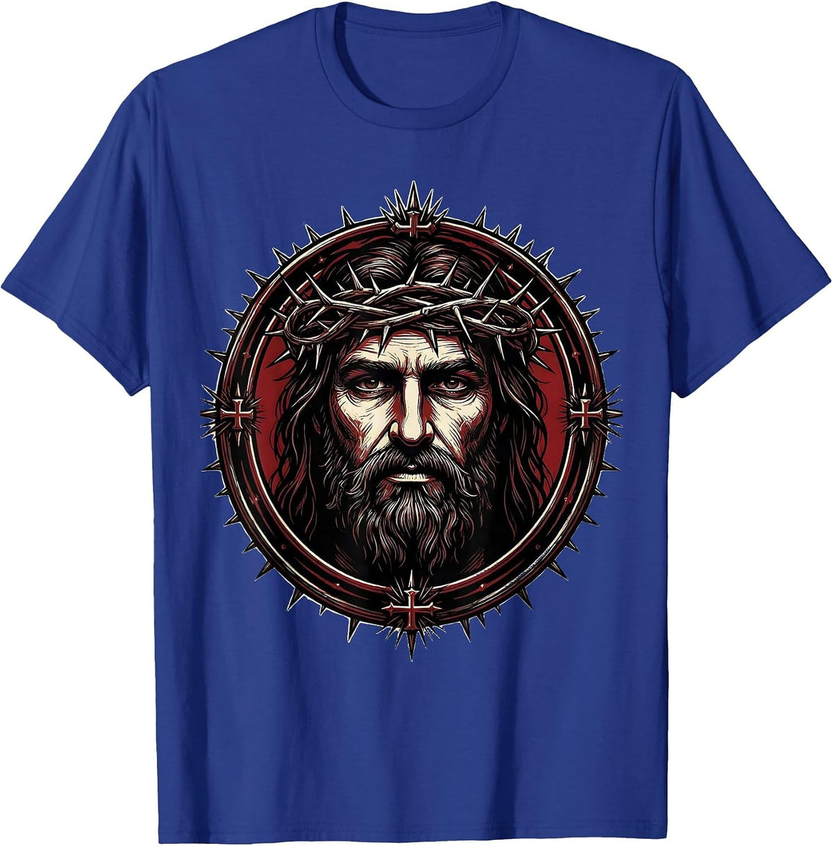 Jesus Crown of Thorns Portrait Graphic Tee T-Shirt - Royal Blue