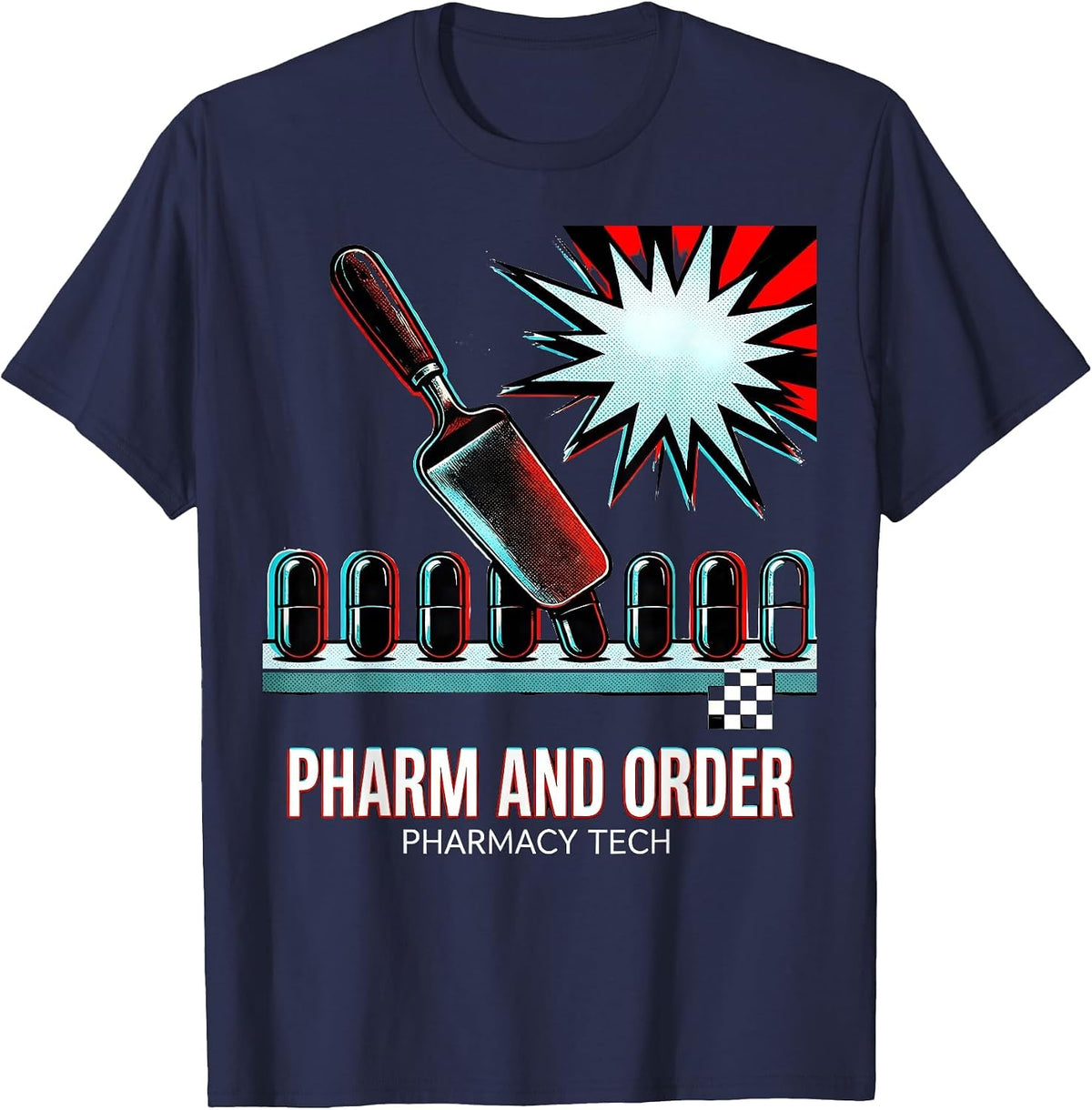 Men's Pharm And Order Pharmacy Tech Pop Art Funny Halloween T-Shirt - Navy Blue