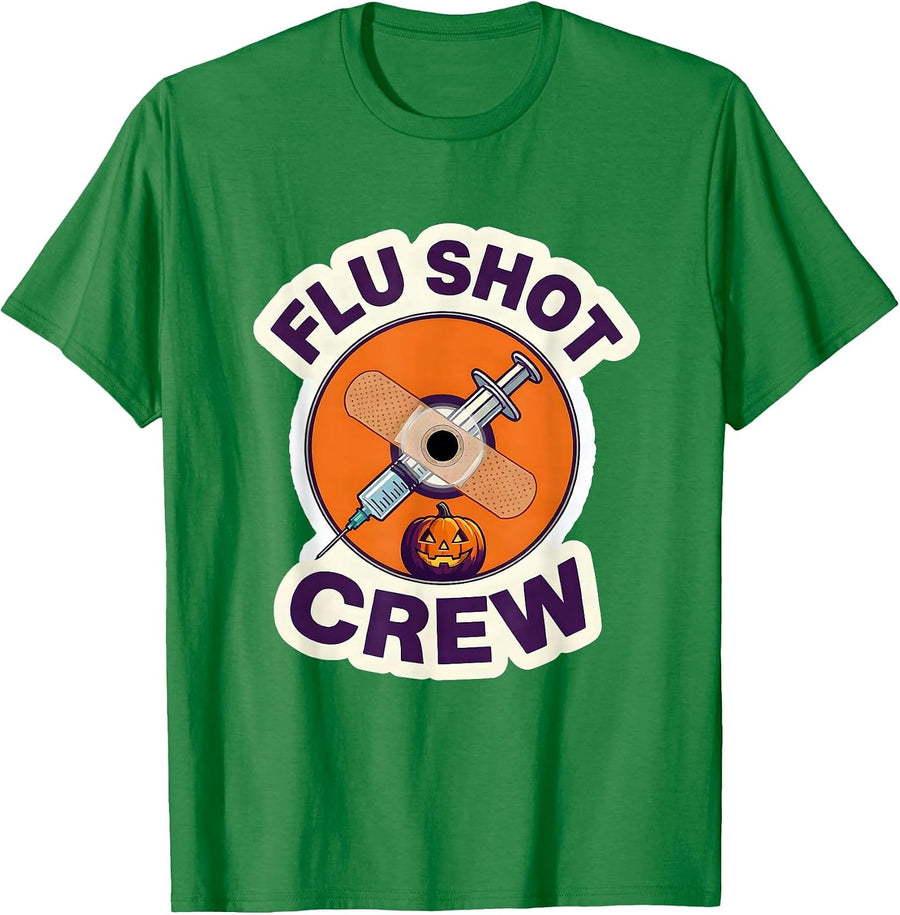 Men's Flu Shot Crew Jack-O'-Lantern Funny Halloween Nurse Humor T-Shirt - Kelly Green