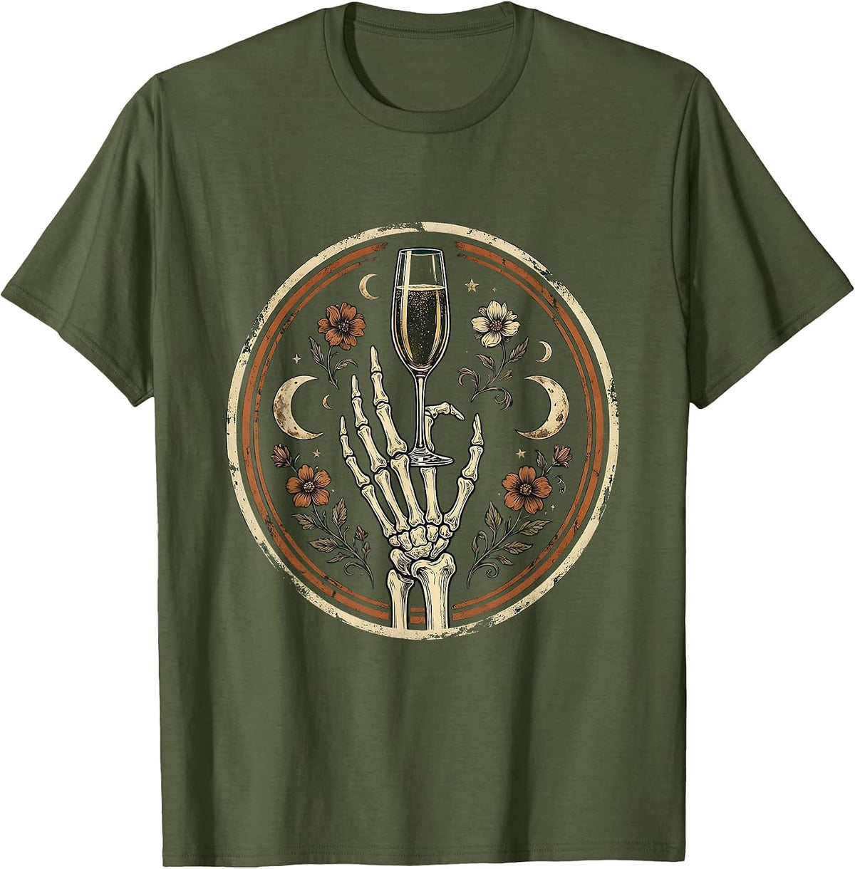 Skeleton Hand Reaching for Champagne Halloween T-Shirt - Olive Green