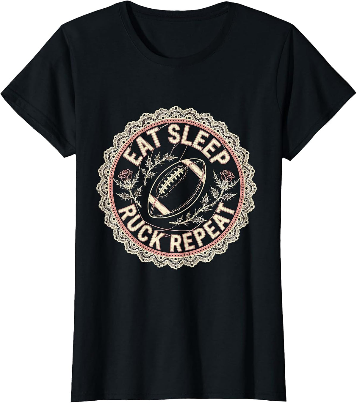 Women's Eat Sleep Ruck Repeat Rugby Graphic Design T-Shirt - Black