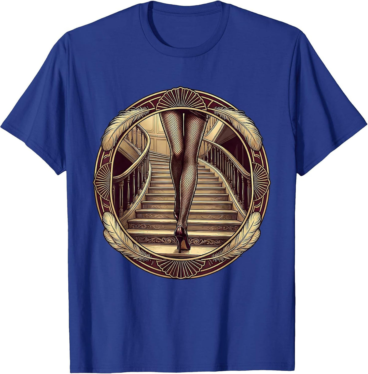 Men's Showgirl Grand Staircase Fishnet Legs Illustration T-Shirt - Royal Blue