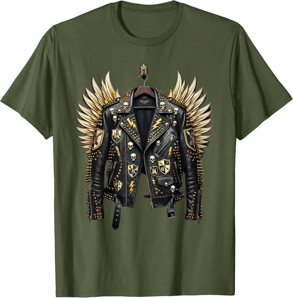 Rock Leather Jacket Patches and Pins Graphic T-Shirt - Olive Green