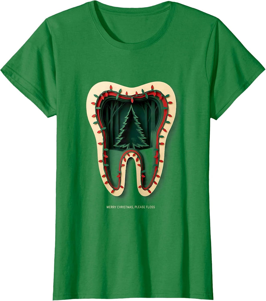 Women's Merry Christmas, Please Floss Funny Dentist Dental Hygienist T-Shirt - Kelly Green