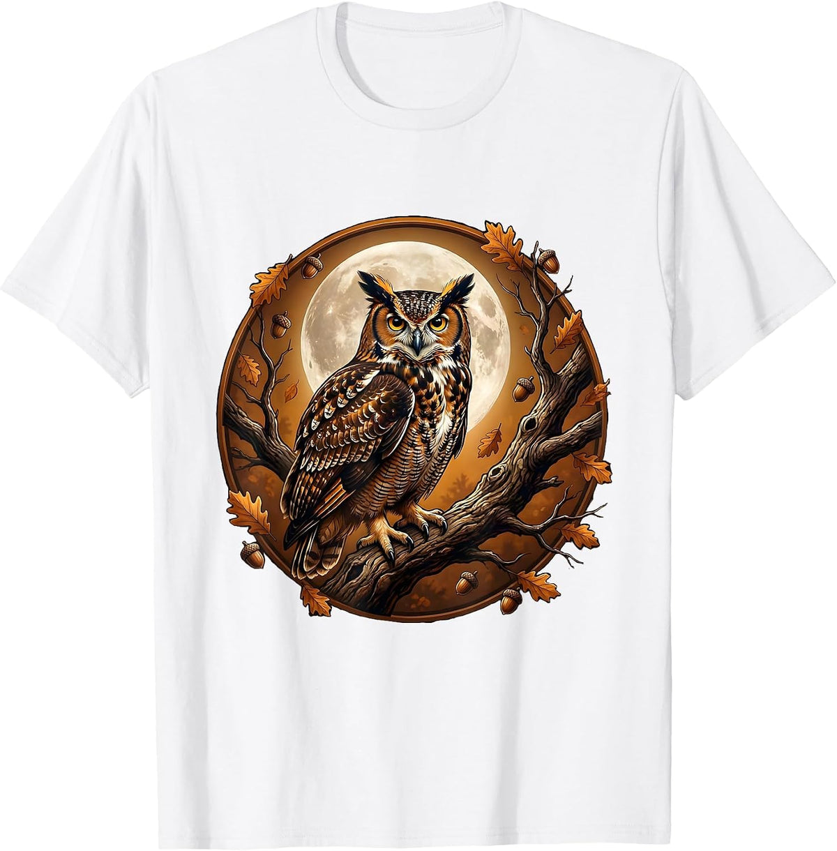 Men's Owl on Branch Full Moon Fall Night Illustration T-Shirt - White