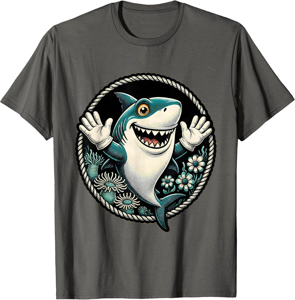 Men's Mommy Shark Floral Ocean Illustration T-Shirt - Asphalt Grey