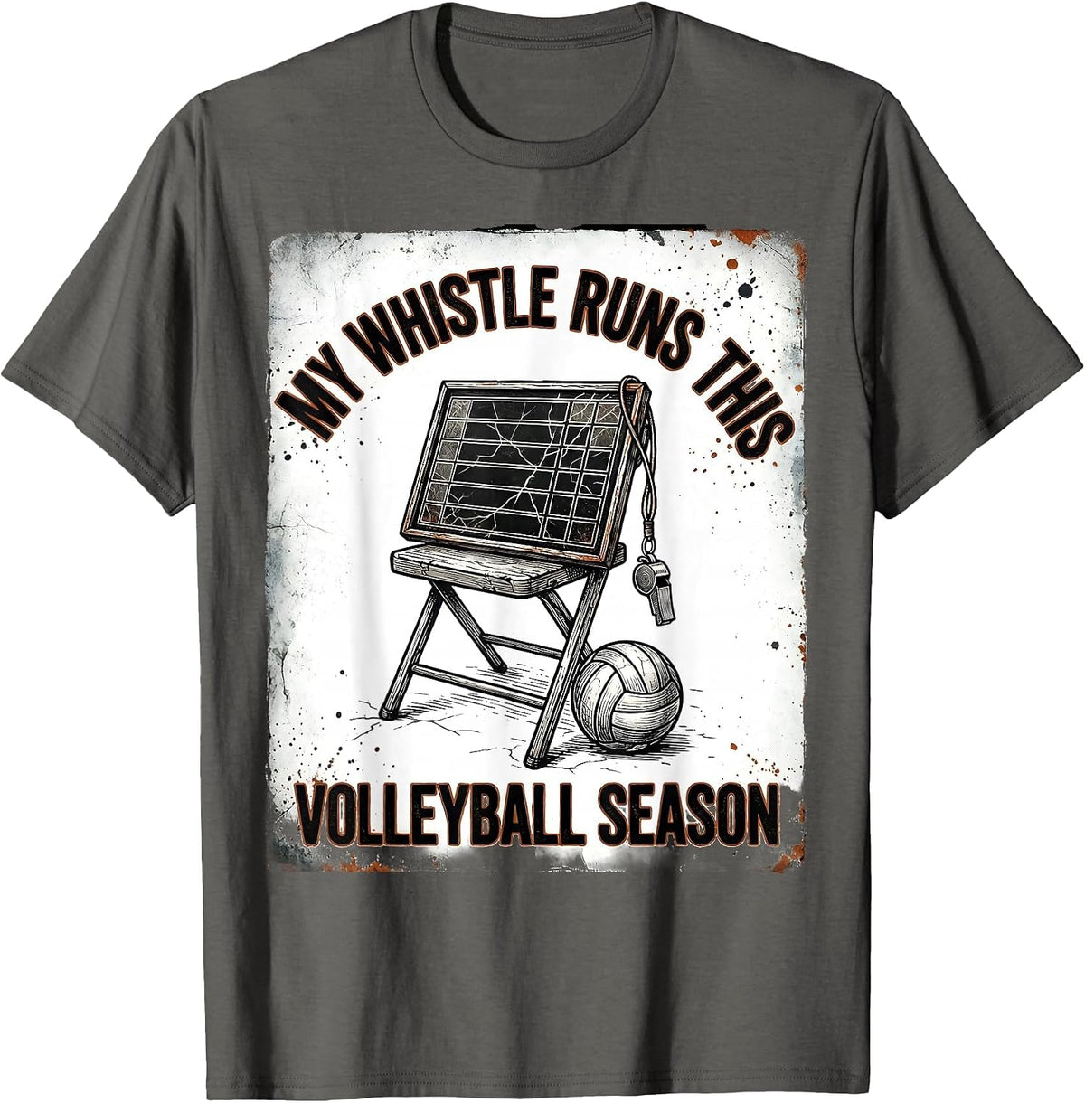 Men's My Whistle Runs This Volleyball Season Distressed Messy Bun T-Shirt - Asphalt Grey