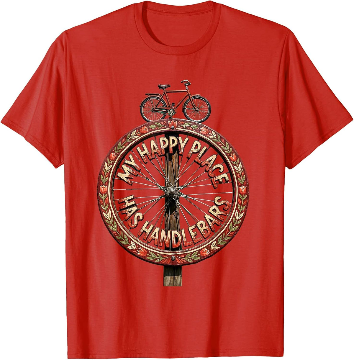 Men's My Happy Place Has Handlebars Cycling Design T-Shirt - Red