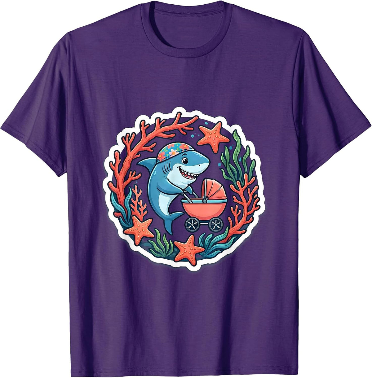 Mommy Shark Stroller Coral Reef Illustration T-Shirt - Purple
