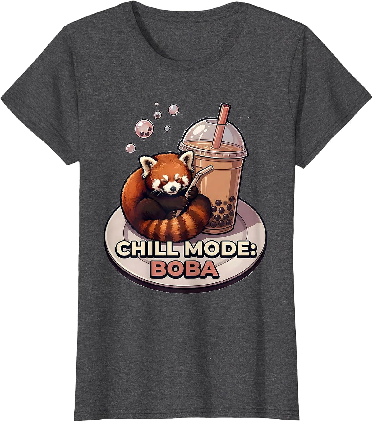 Women's Chill Mode: Boba Cute Panda Boba Tea Kawaii Anime Girl T-Shirt - Dark Heather Grey
