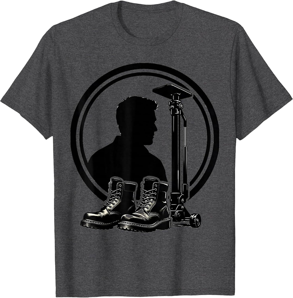 Oil-Stained Boots and Car Jack Mechanic Graphic T-Shirt - Dark Heather Grey