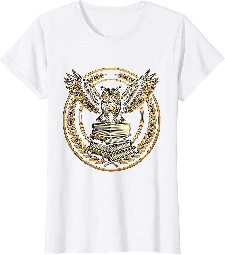 Women's Wise Owl Perched on Stacked Textbooks Design T-Shirt - White