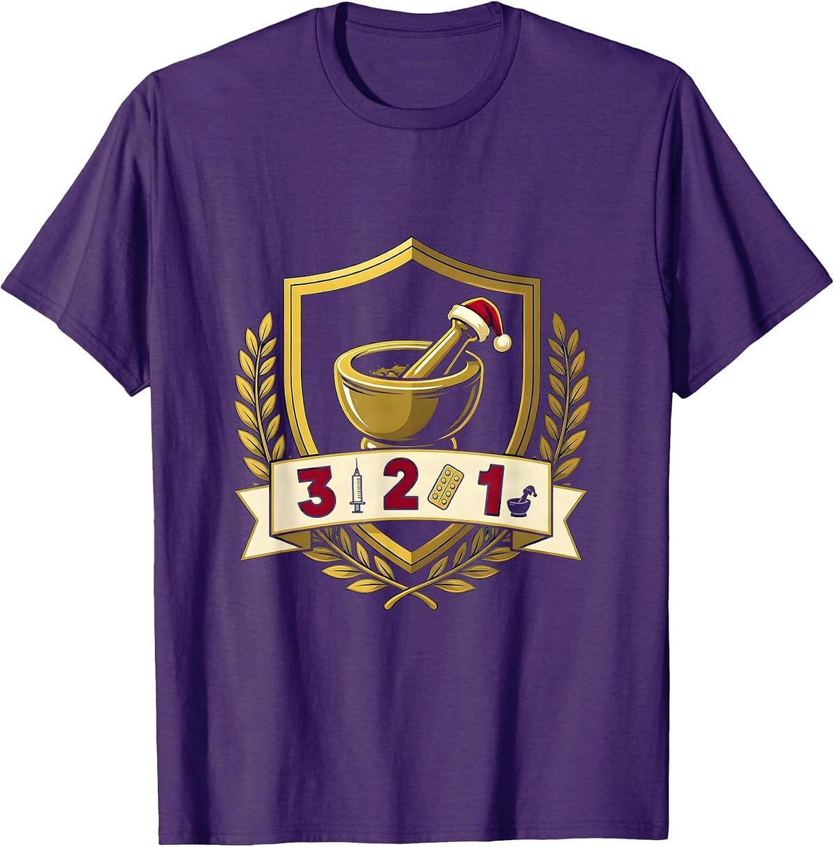 Men's 3 Flu Shots, 2 Unit-Dose Trays, 1 Santa Hat Mortar Pharmacy T-Shirt - Purple