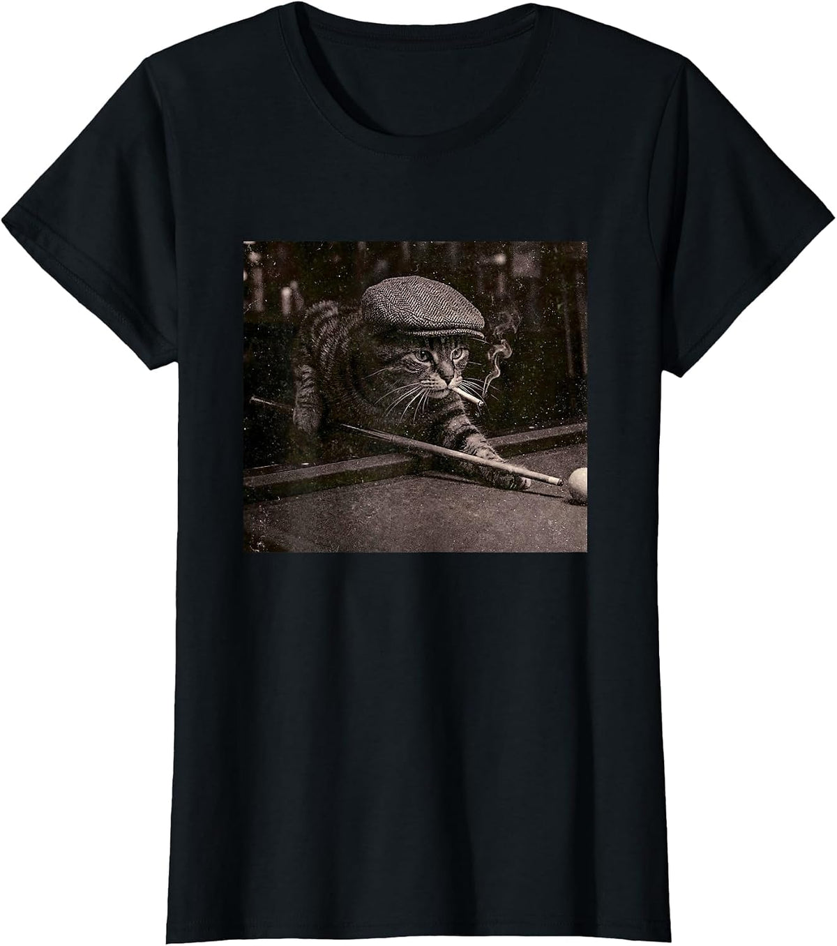 Kitten Cat Playing Pool Billiards Smoking Cigarette Meme 90s T-Shirt - Black