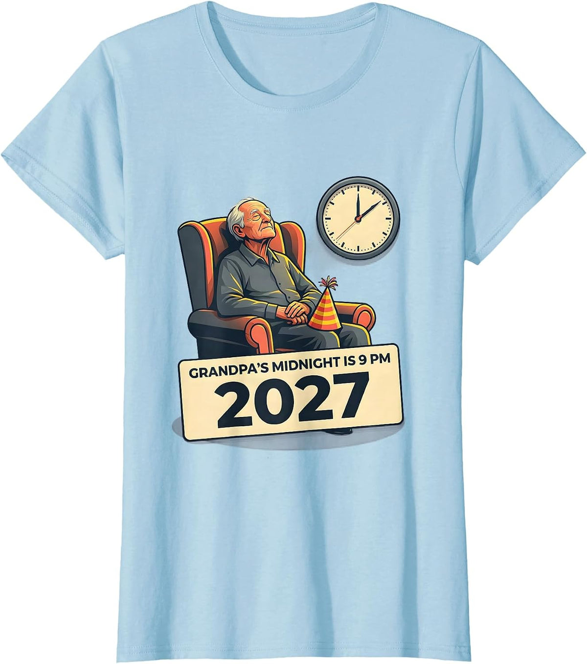 Women's Grandpa's Midnight Is 9 PM 2027 Funny New Year Family Party T-Shirt - Baby Blue