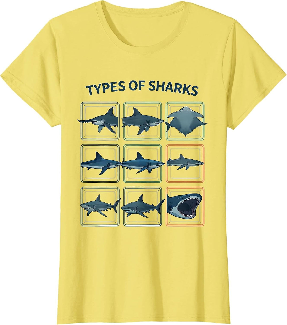 Types Of Sharks Flat Vector Marine Biology Ocean Wildlife T-Shirt - Lemon Yellow