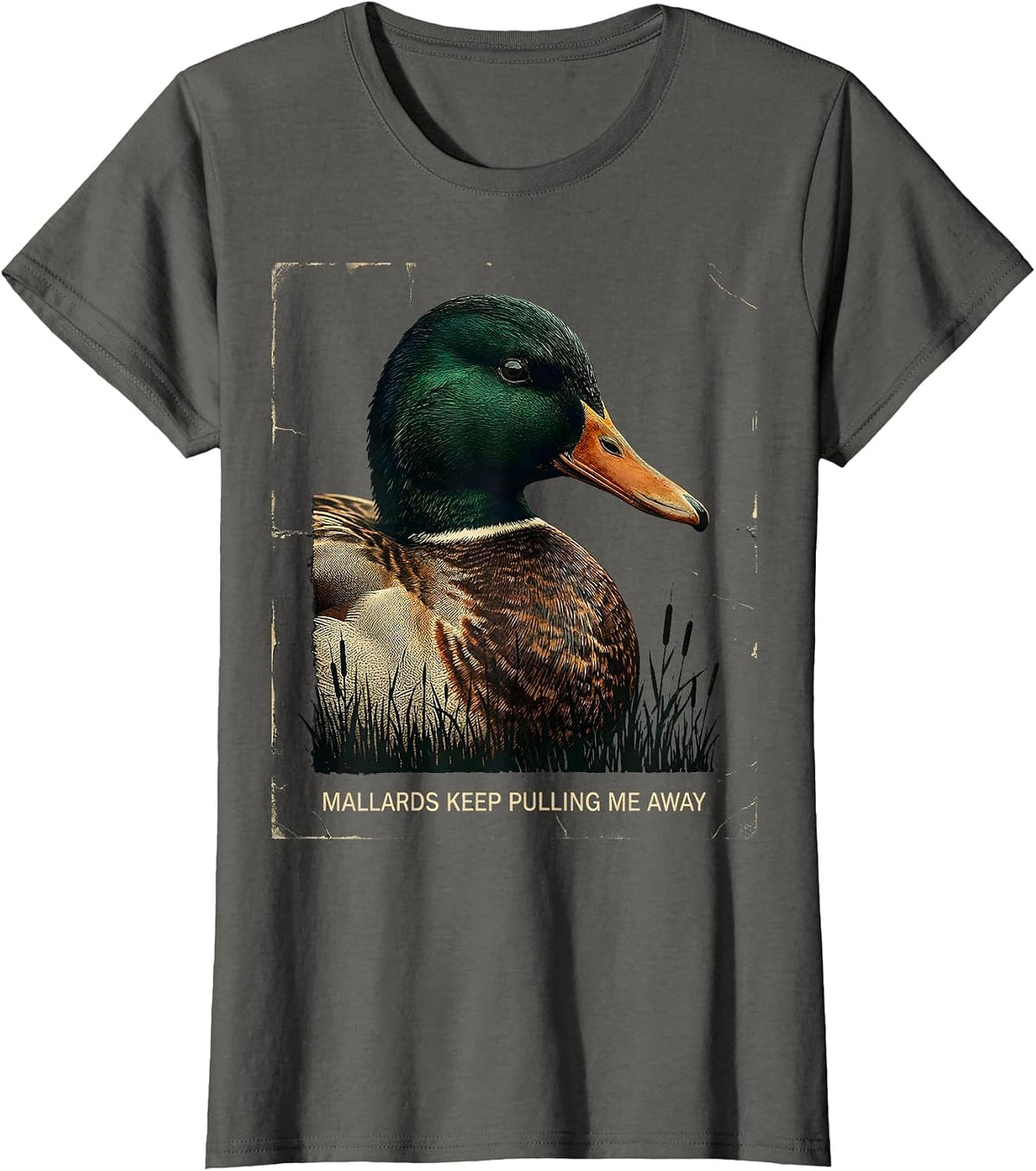 Women's Mallards Keep Pulling Me Away Distressed Duck Hunting Camo T-Shirt - Asphalt Grey