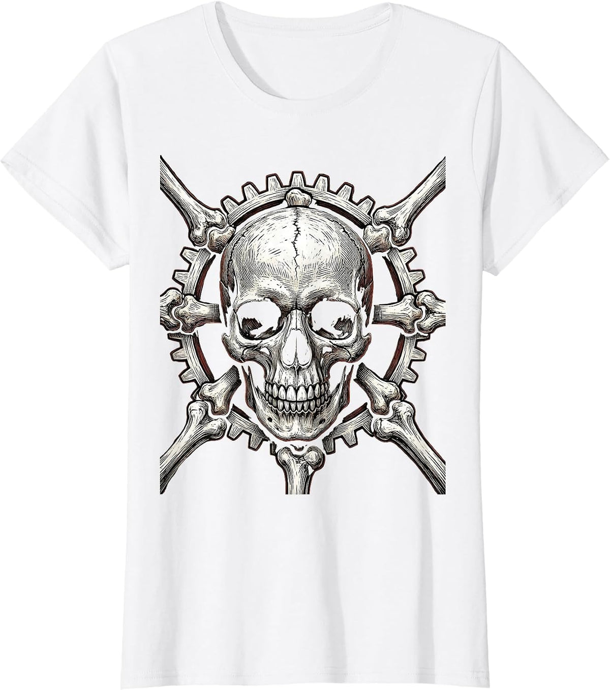 Skull Gear Shift Pattern Motorcycle Graphic T-Shirt - White