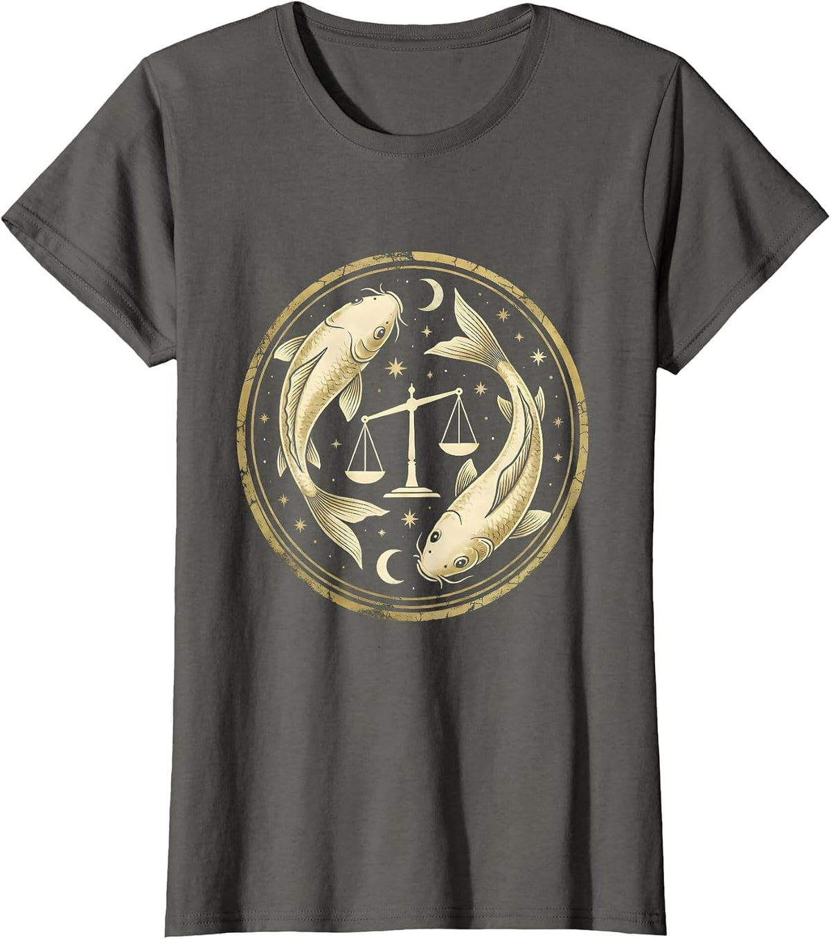 Women's Libra Koi Fish Balance Scale Zodiac Design T-Shirt - Asphalt Grey