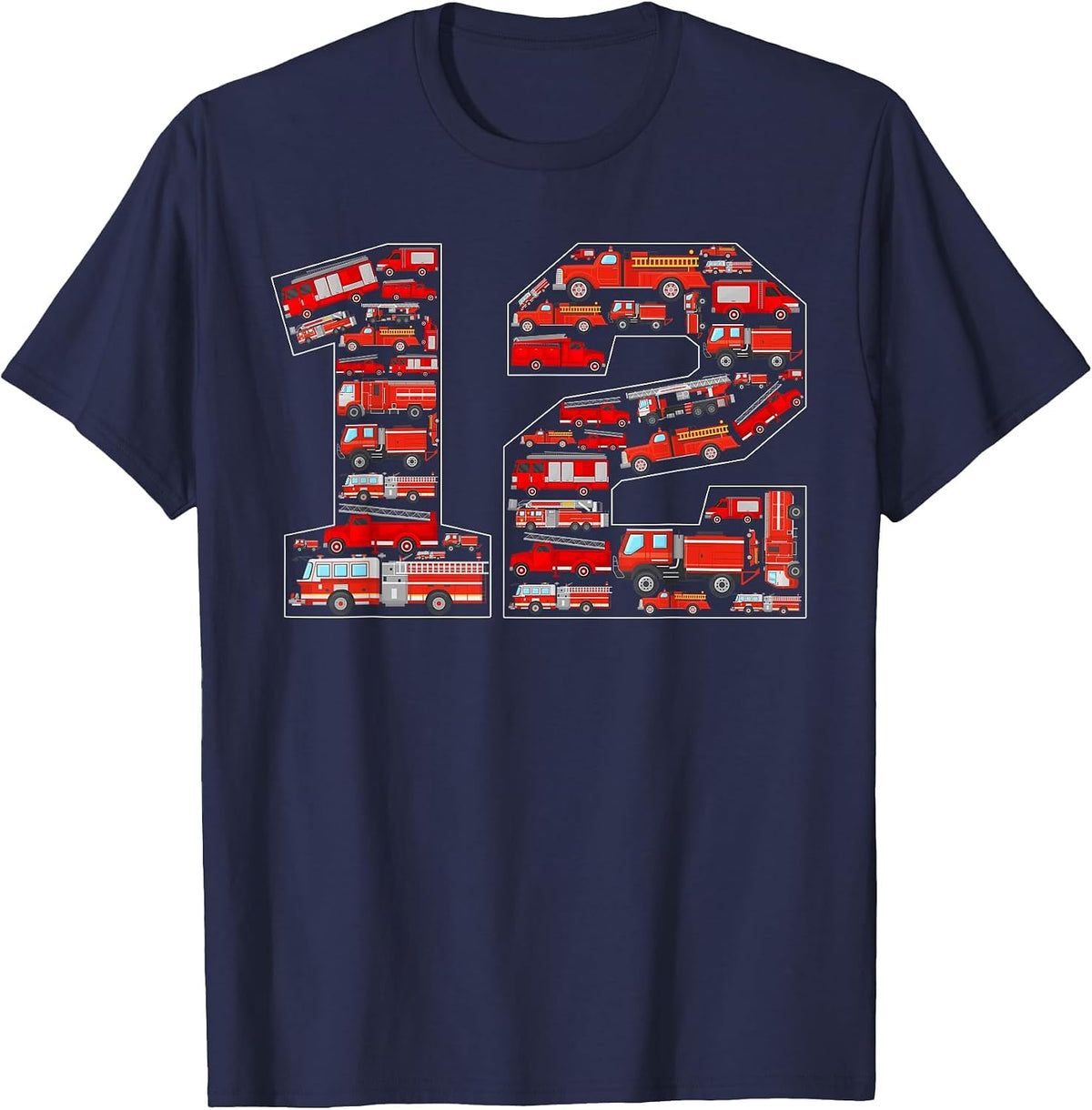 12th Birthday Fire Trucks Theme 12 Year Old Firefighter T-Shirt - Navy Blue