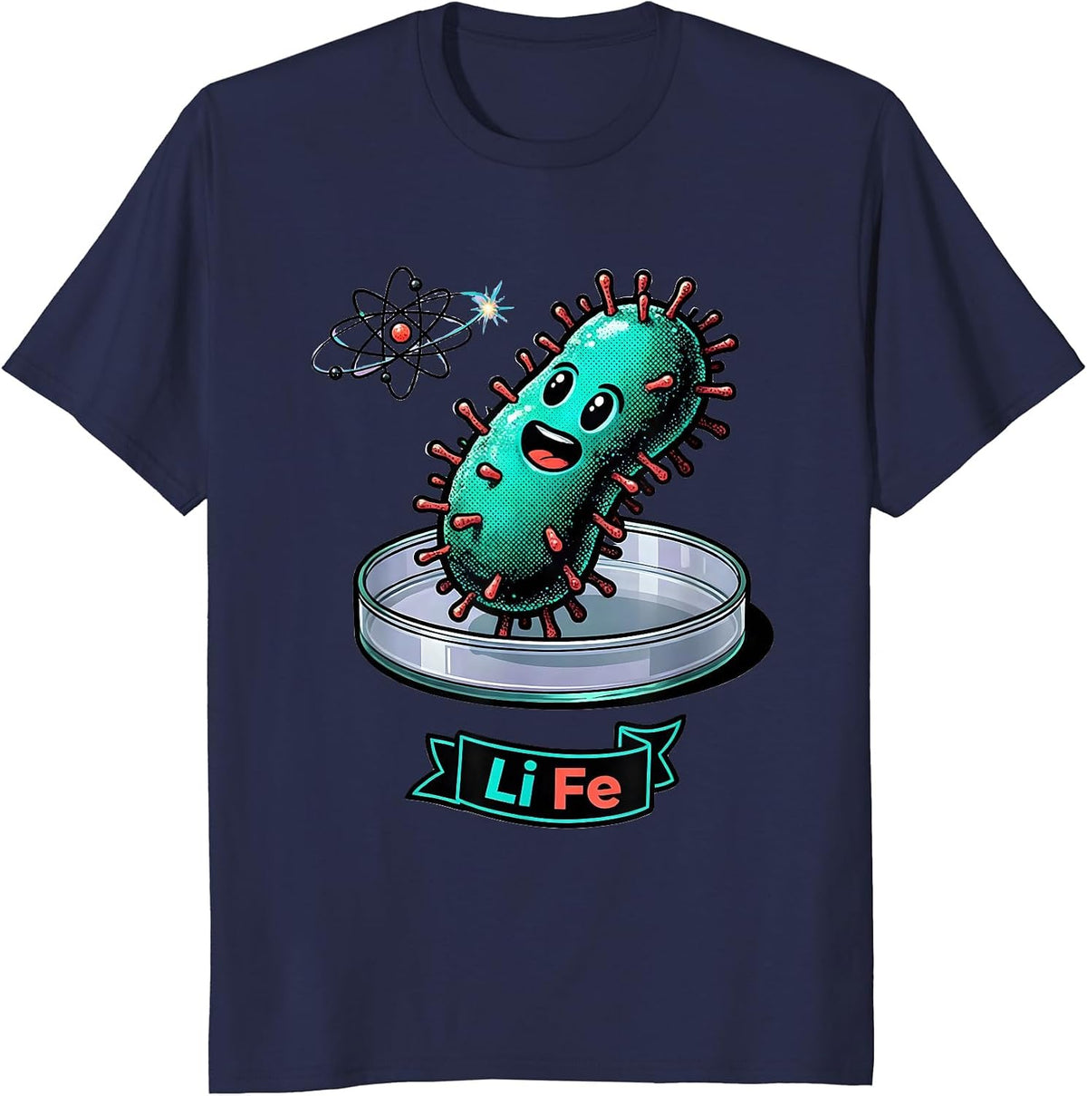 Li Fe Rounded Cartoon Microbe Science Humor Chemistry Nerd T-Shirt - Navy Blue