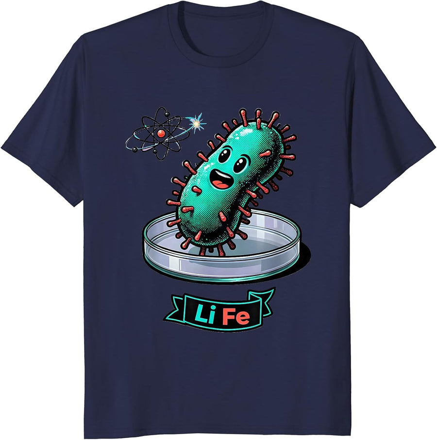 Li Fe Rounded Cartoon Microbe Science Humor Chemistry Nerd T-Shirt - Navy Blue