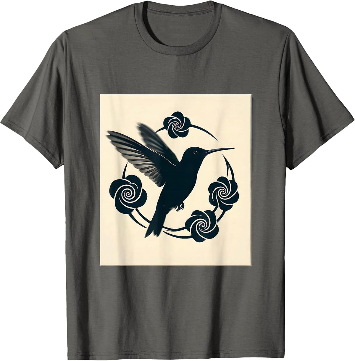 ADHD Hummingbird Swirling Floral Illustration T-Shirt - Asphalt Grey