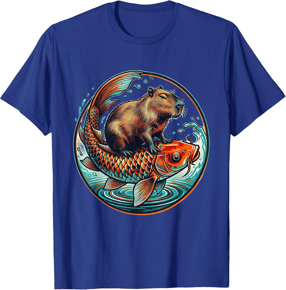 Capybara Riding Giant Koi Fish Graphic T-Shirt - Royal Blue