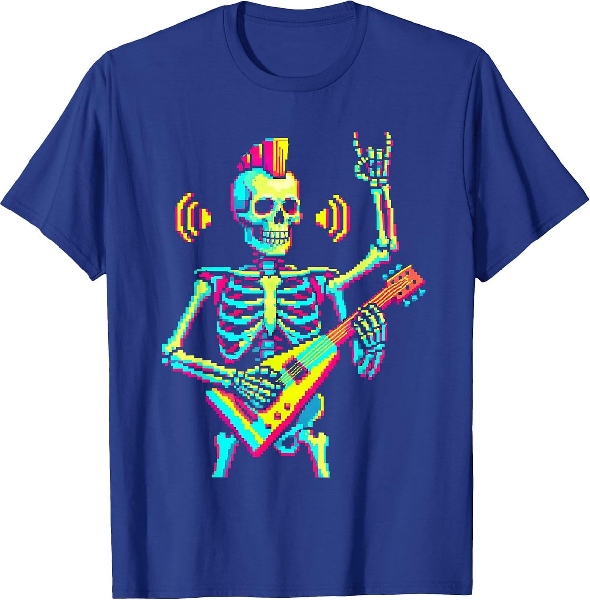 Punk Skeleton Pixel Art Rock Fan Halloween Costume T-Shirt - Royal Blue