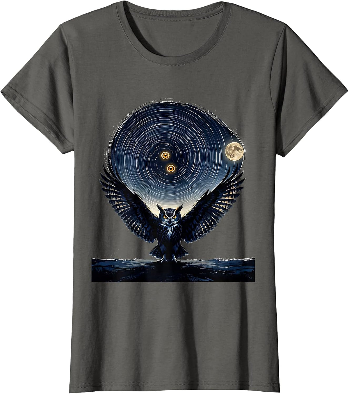 Women's Owl Starry Night Van Gogh Parody Art Cat Lover T-Shirt - Asphalt Grey