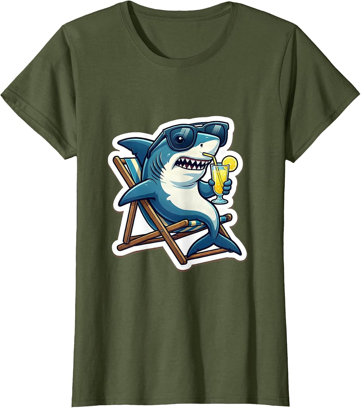 Women's Daddy Shark Relaxing in Lawn Chair with Lemonade T-Shirt - Olive Green