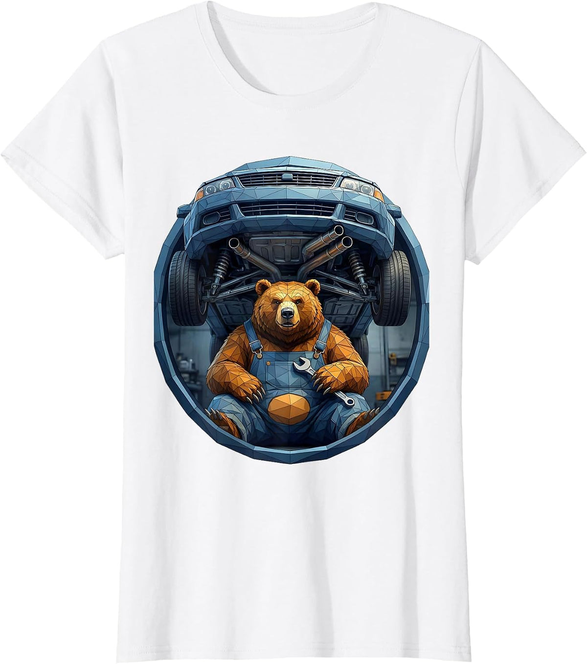 Bear Mechanic Under Lifted Car Graphic Tee T-Shirt - White