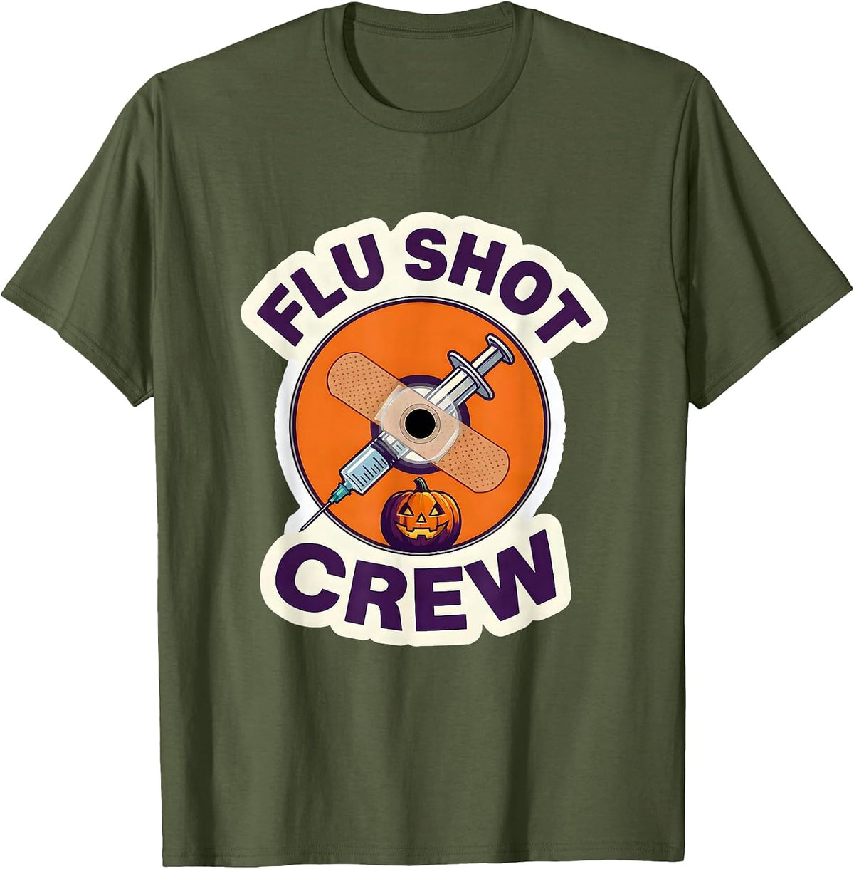 Men's Flu Shot Crew Jack-O'-Lantern Funny Halloween Nurse Humor T-Shirt - Olive Green