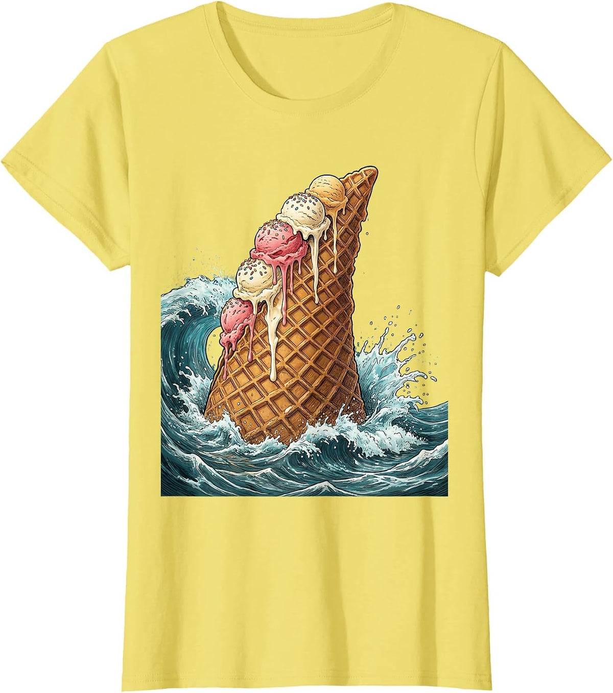 Women's Ice Cream Shark Fin Funny Ocean Summer Graphic T-Shirt - Lemon Yellow