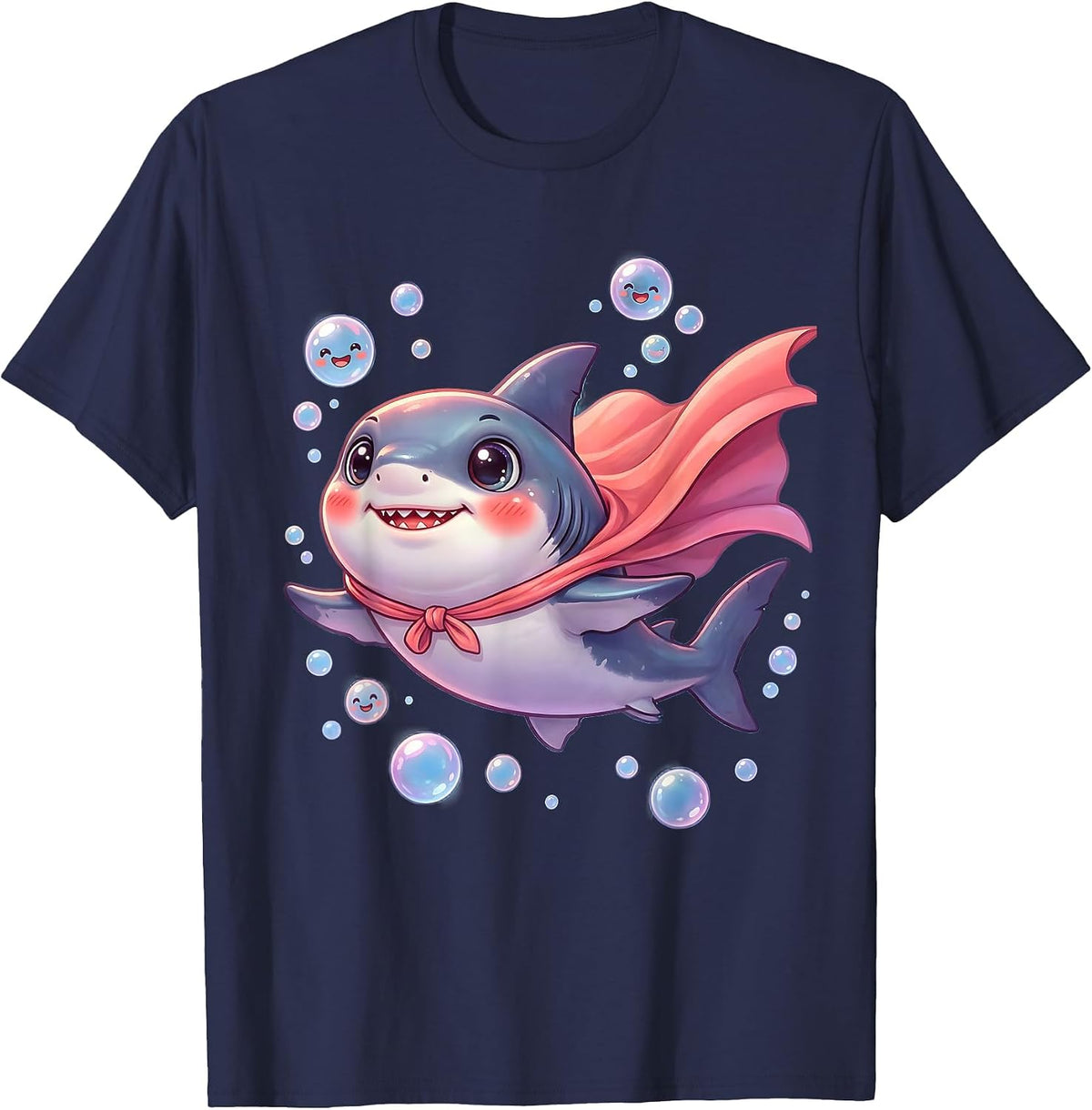 Mommy Shark Superhero Cape Flying Bubbles T-Shirt - Navy Blue
