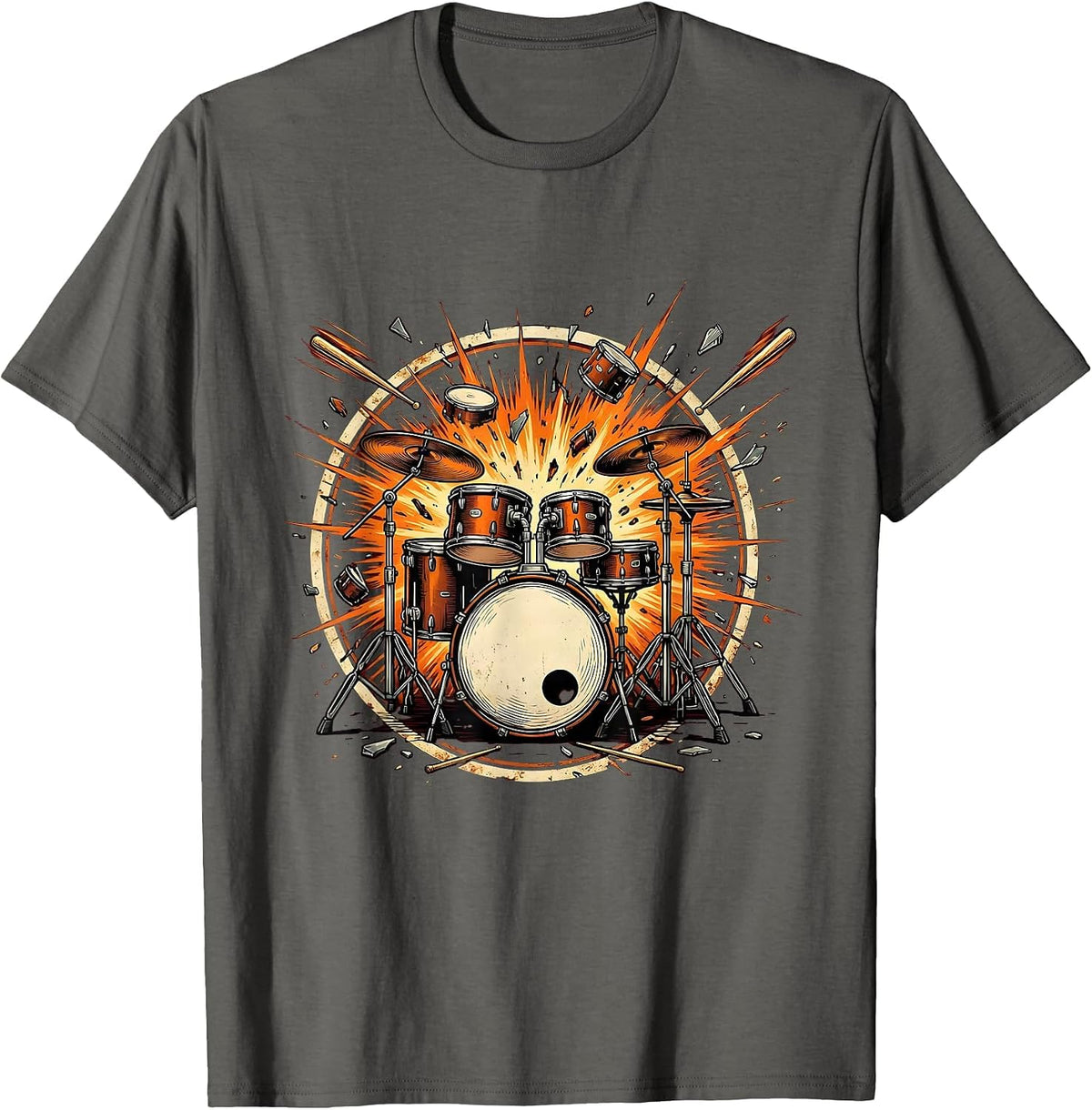 Exploding Drum Kit Rock Music Graphic Tee T-Shirt - Asphalt Grey