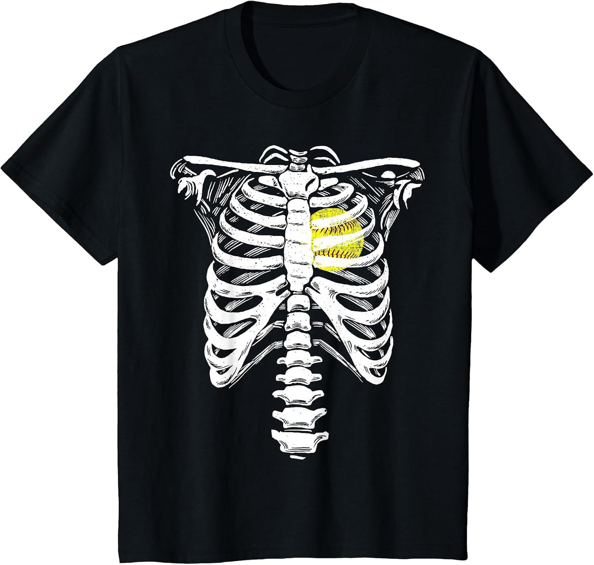 Softball Heart Skeleton Rib Cage Halloween Love Softball T-Shirt - Black