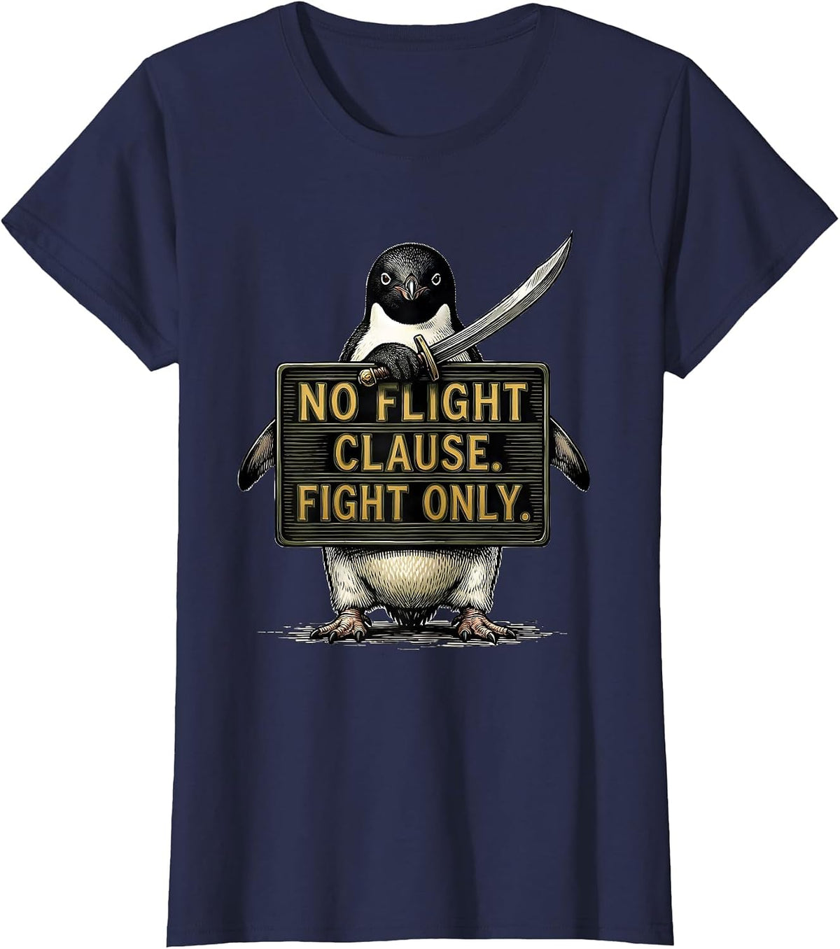 Women's No Flight Clause Fight Only Funny Penguin Meme Absurd Humor T-Shirt - Navy Blue