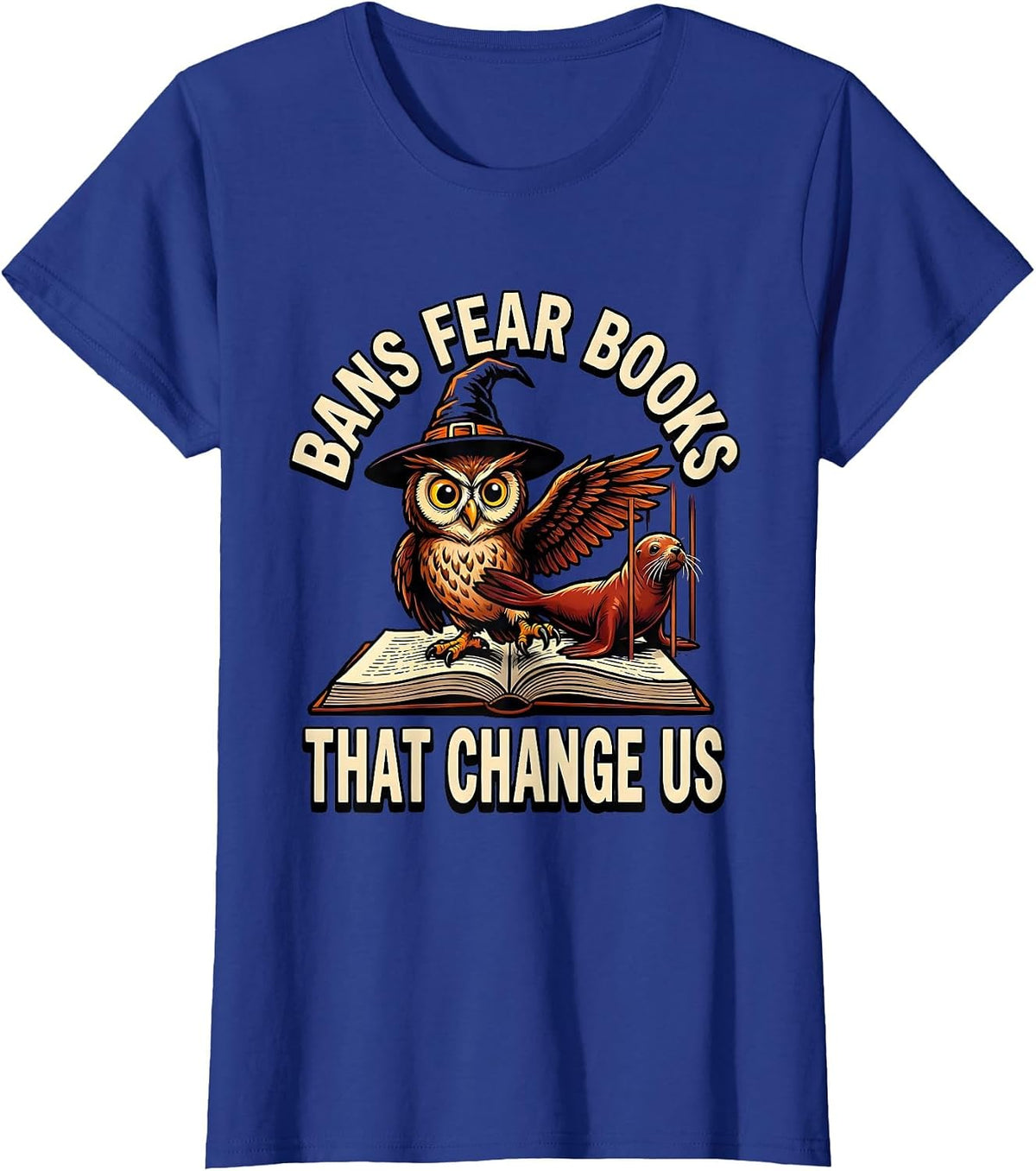 Women's Bans Fear Books That Change Us Cartoon Witch Bookish T-Shirt - Royal Blue