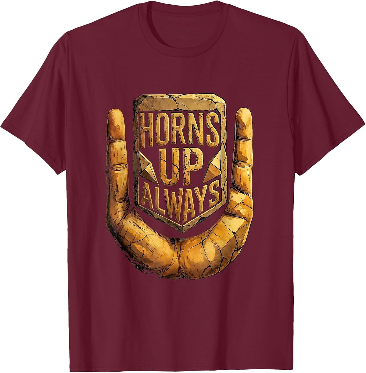 Horns Up Always Bold Metal Music Design T-Shirt - Burgundy