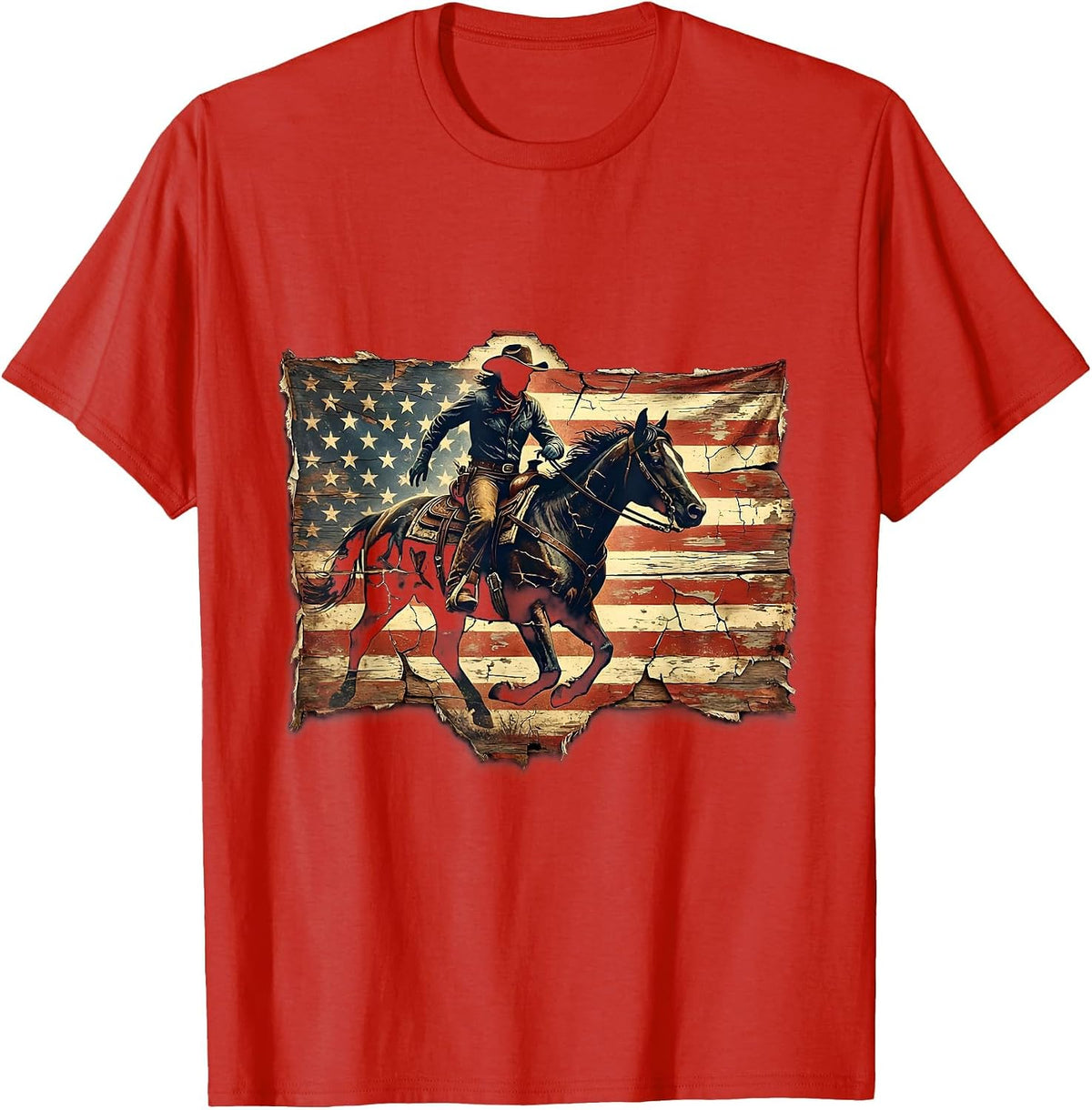 Men's Patriotic Cowgirl Riding Horse at Sunset T-Shirt - Red