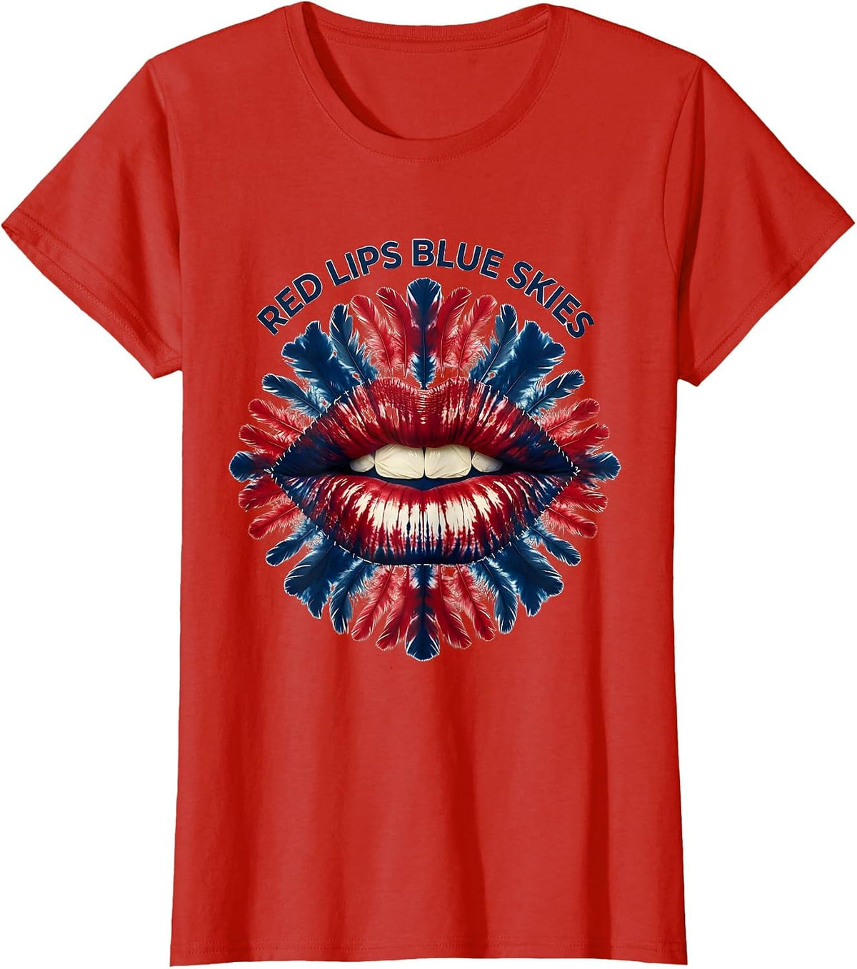 Women's Red Lips Blue Skies Red White and Blue Design T-Shirt - Red