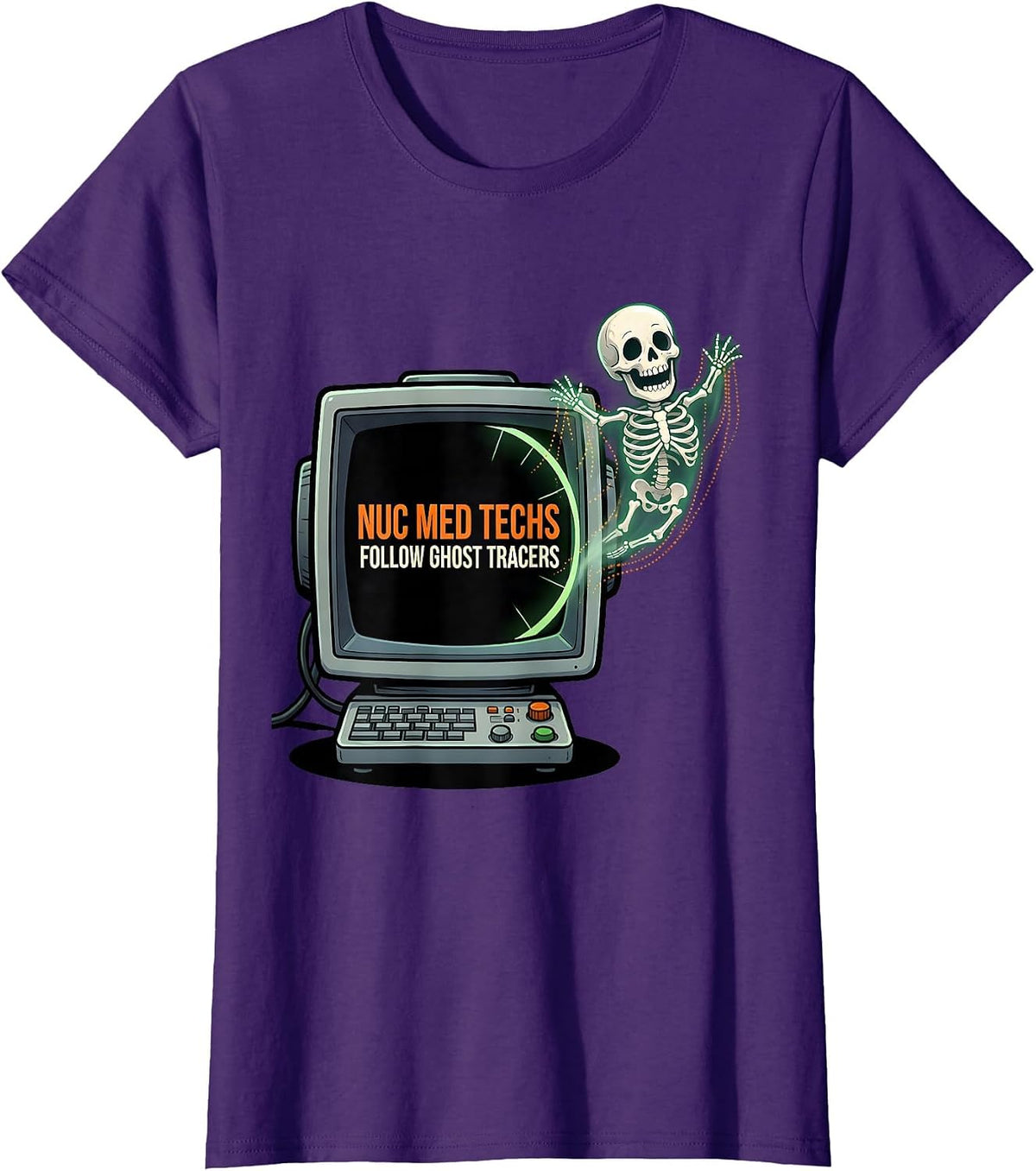 Women's Nuc Med Techs Follow Ghost Tracers Cartoon Radiology Tech T-Shirt - Purple